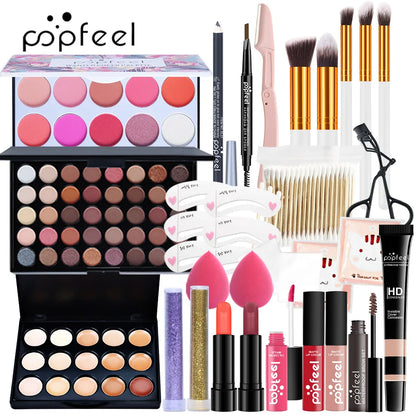 POPFEEL All-in-One Makeup Kit Gift Set with Eyeshadow Palette Foundation Lip Gloss Blush Brushes Eyeliner and More Beauty Gifts