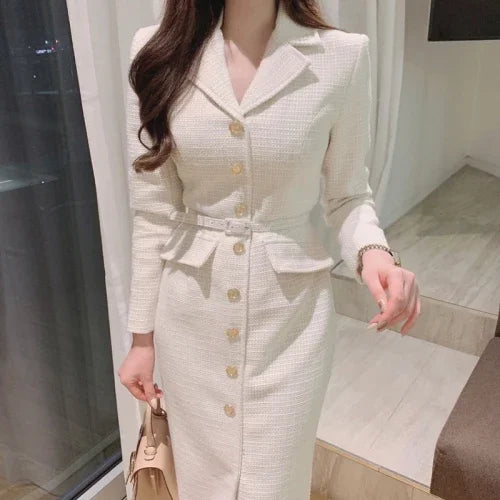 Tweed Midi Dress Metal Button Single Breasted Belt Slim Vestidos Fall Winter Solid Retro Robe