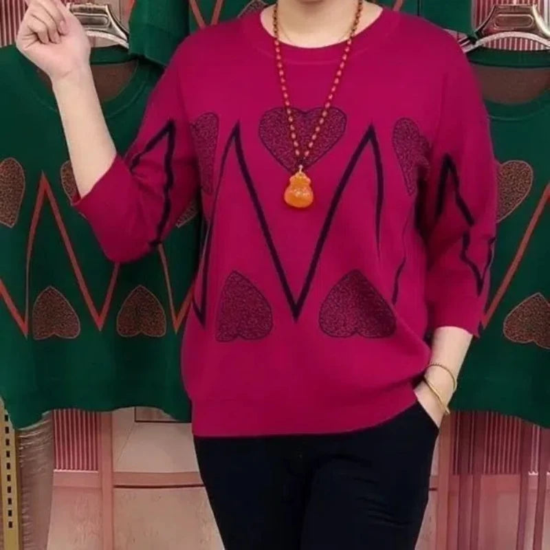 Simplicity Fashion Autumn  Sweaters Women O-Neck Printing Ice Silk Fabric