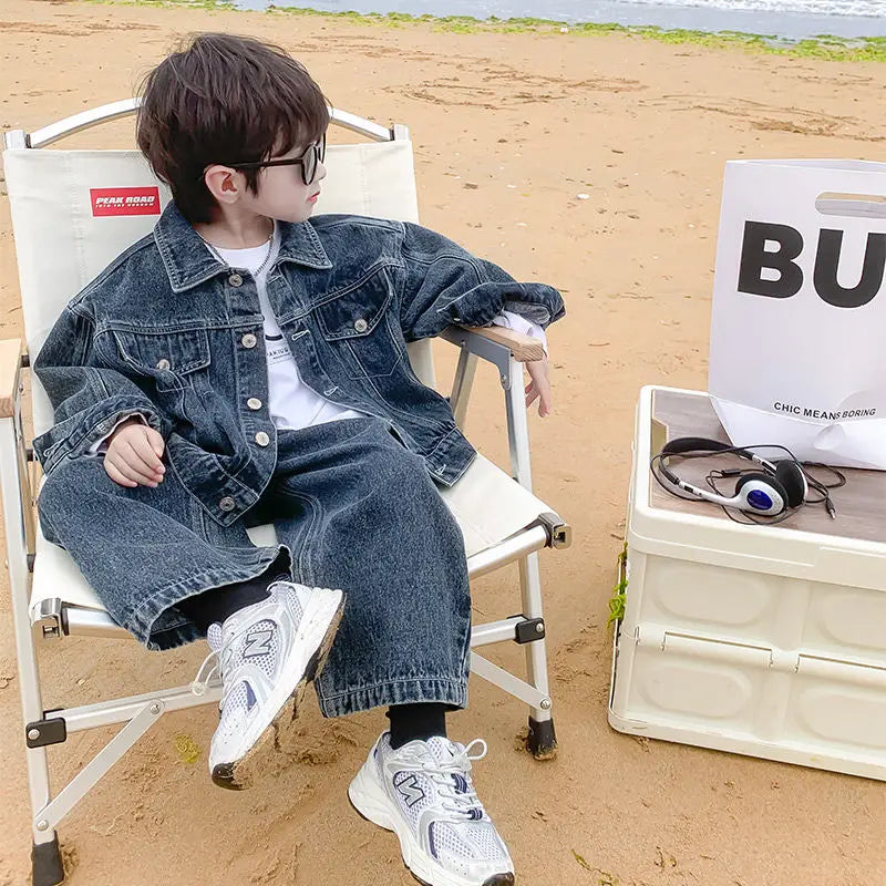 Baby Boys Jeans Sets Fashion Cool Coats Tops Wide Leg Pants 2025 Spring Autumn New Korean Style Childrens Two Piece Sets