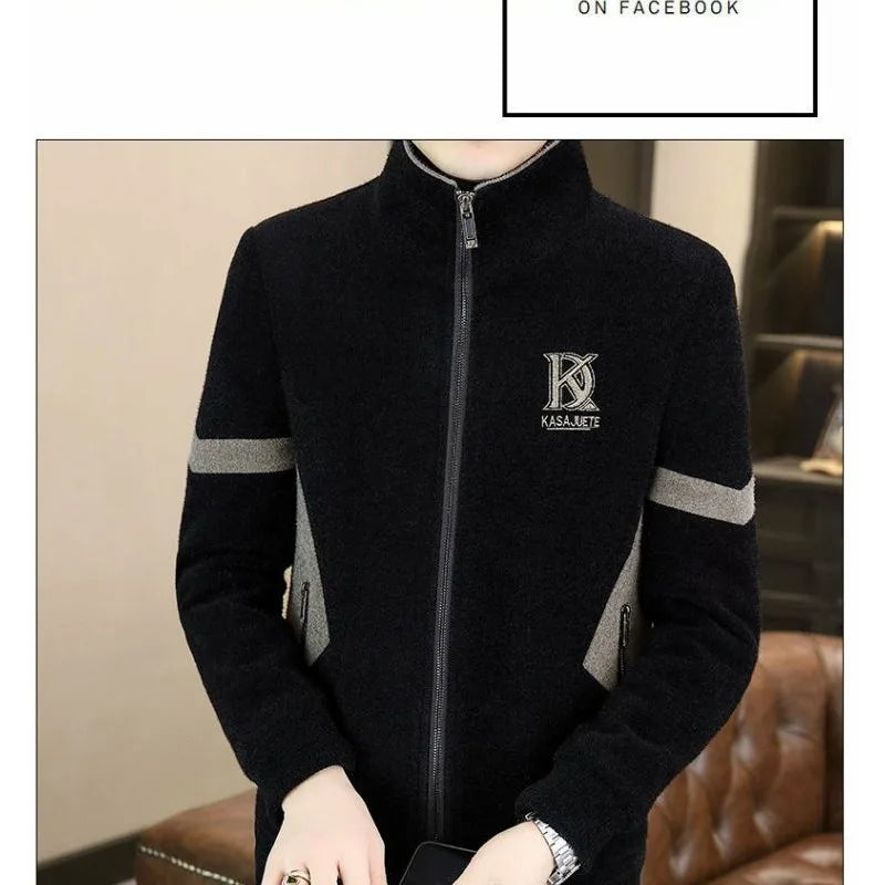 Men's Clothing Winter high quality Mink Jacket Handsome Collar Woolen Coat fleece-lined Thickened Jacket