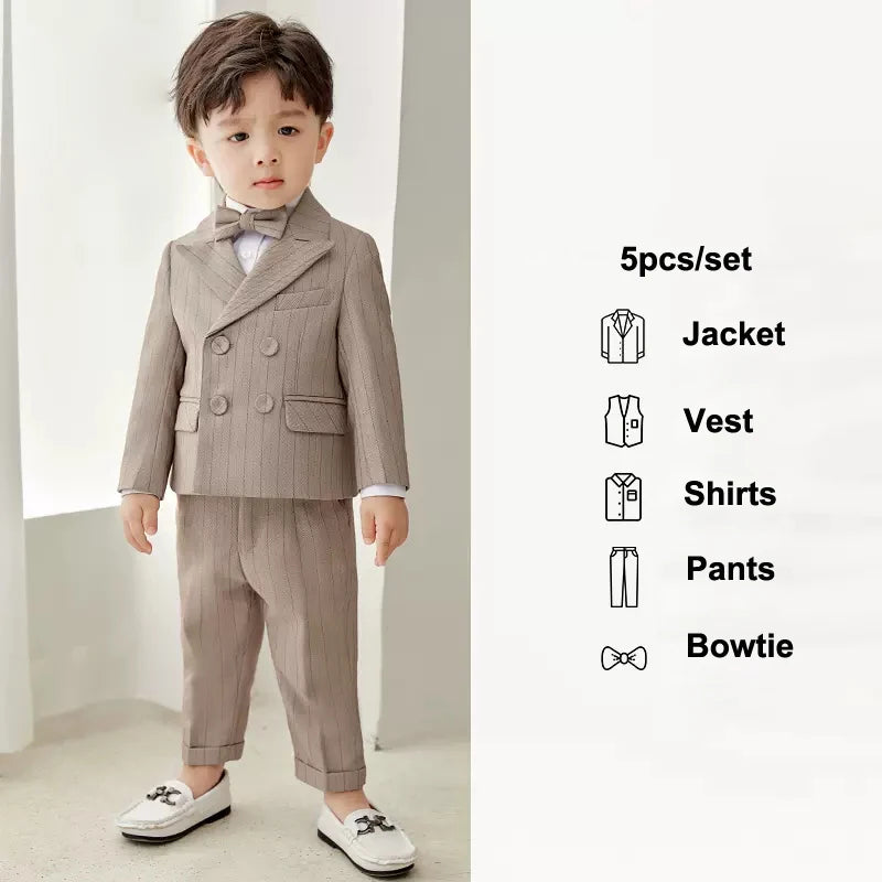 Boys Spring Summer Khaki Striped Suit Set Baby Child Birthday Party Wedding Photography Costume Kids Blazer Vest Pants Clothes