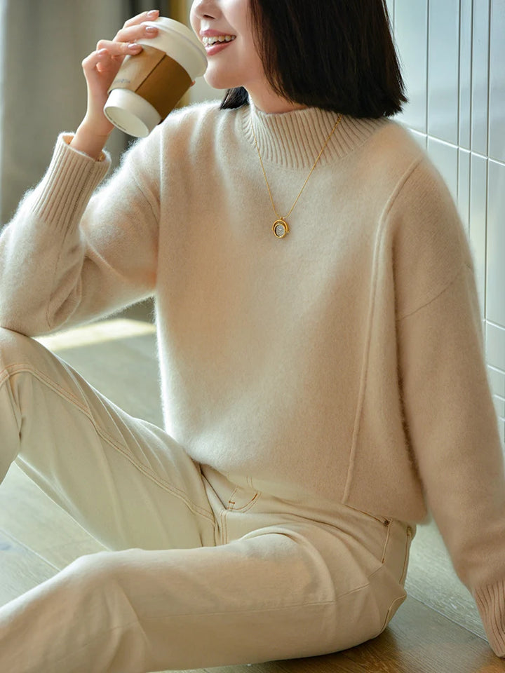 100% Pure Wool Sweater Women's Autumn/Winter Half High Collar Solid Color