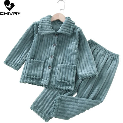 Kids Boys Girls Autumn Winter Thick Warm Soft Flannel Pajama Sets Solid Lapel Tops with Pants Sleeping Clothing Sets