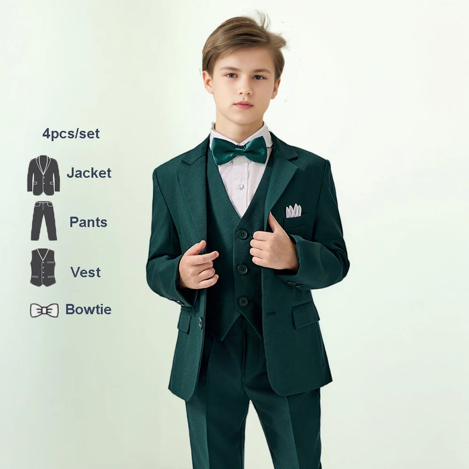 Boys Green High-end Suit Set  Child Performance Wedding Birthday Photography Costume Kids Blazer Vest Pants Bowtie Outfit