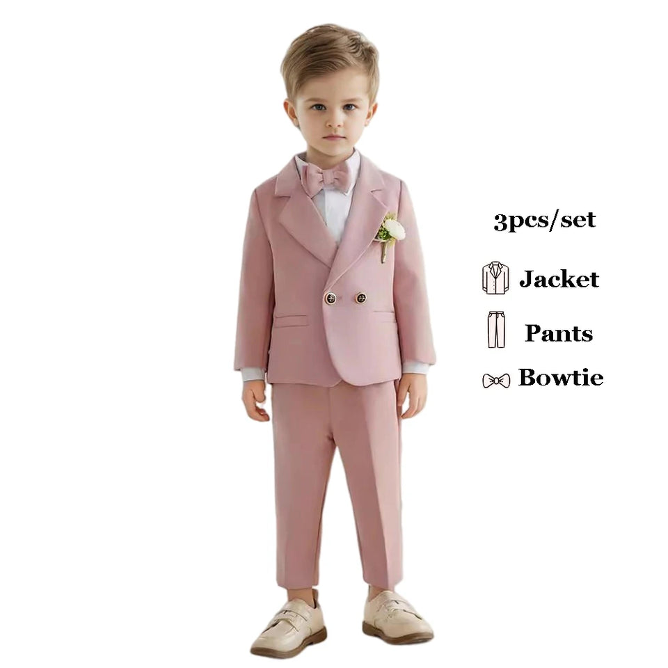 Boys Spring Autumn Formal Pink Suit Children Kids Blazer Pants Bowtie Outfit