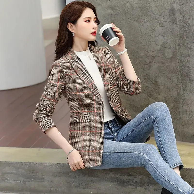 Ladies New Fashion Lattice Suit Blazer Women Clothing Woman Office Wear Casual Nice OL Jacket Female Girls Coats