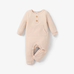 Baby Boy/Girl Solid Ribbed Long-sleeve Jumpsuit with Pocket Soft and Comfortable