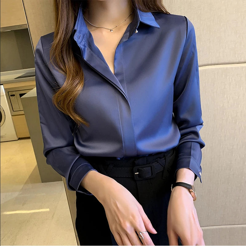 Satin Women Shirt Vintage Long Sleeve Blouse Women Silk Elegant Womens Tops  Shirt Autumn Female Clothing