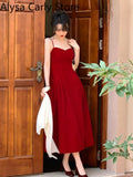 French Vintage Strap Dress Women Red Elegent Korean Party Midi Dress Female