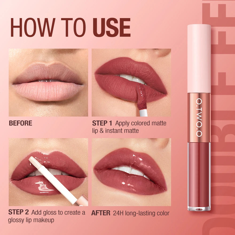 O.TWO.O Matte Lipstick Double Head Lip Coat 24HR Non-stick