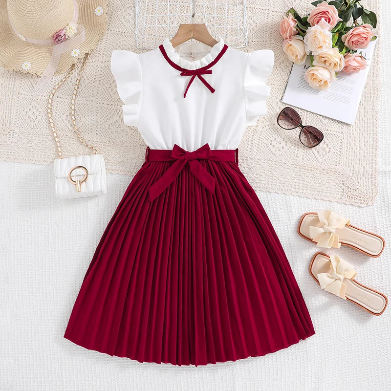 Kids Dress For Girls White Petal Sleeves Pleated Khaki Skirt &Bow tie Preppy Style Elegant Birthday Party Clothes For 8-12 Years