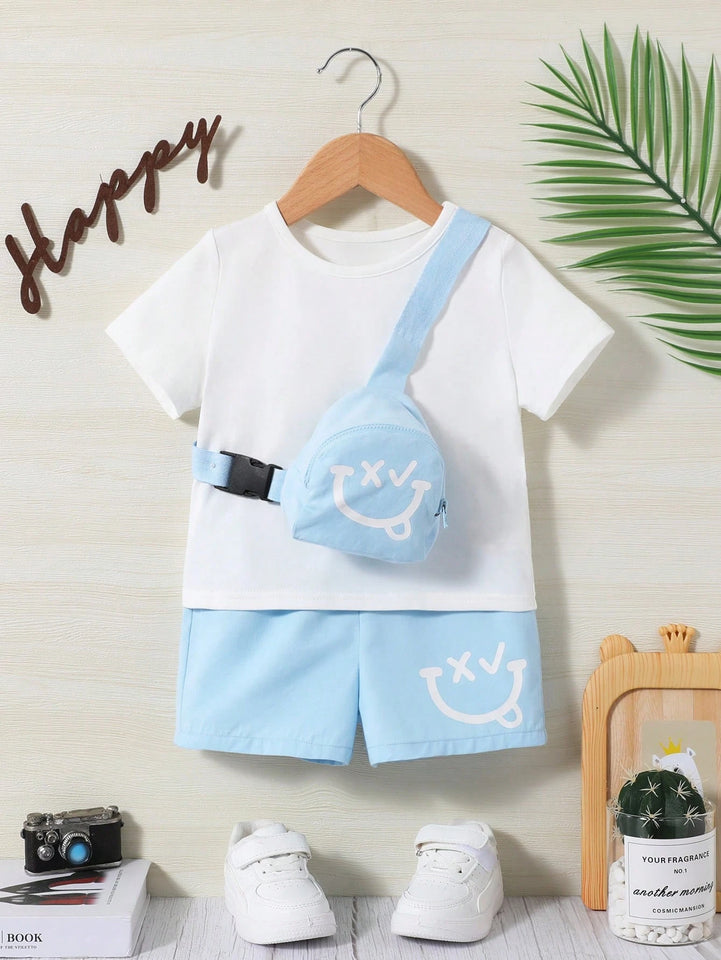 Boys & Girls Round neck Solid color T-shirt Cartoon Design Shoulder Pocket Shorts 2-piece set (bag not included)