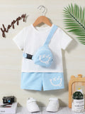 Boys & Girls Round neck Solid color T-shirt Cartoon Design Shoulder Pocket Shorts 2-piece set (bag not included)