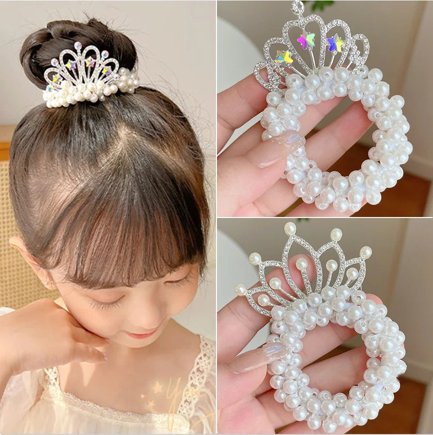 Crystal  Children'S Headband Headdress Princess Pearl hairpin Crown Flower Girl Hair Tie Rubber Band Hairband Hair Accessories