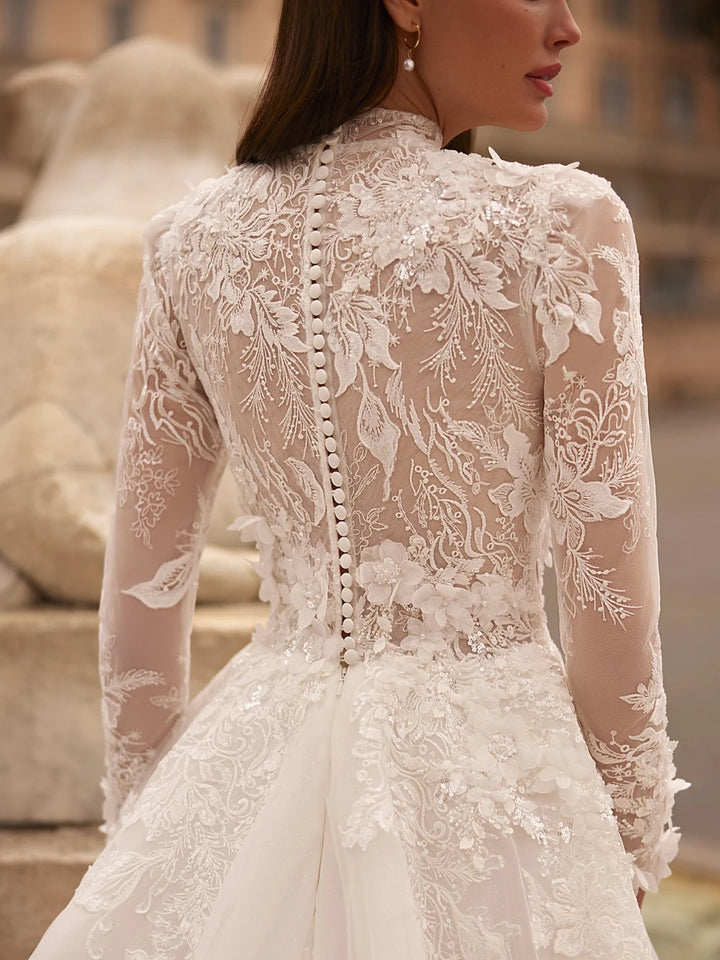 Glitter A-line Long Wedding Dress Modest High Collar Bride Robe Graceful Appliques Flower Bridal Gown Customized Robe De Mariée