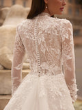 Glitter A-line Long Wedding Dress Modest High Collar Bride Robe Graceful Appliques Flower Bridal Gown Customized Robe De Mariée
