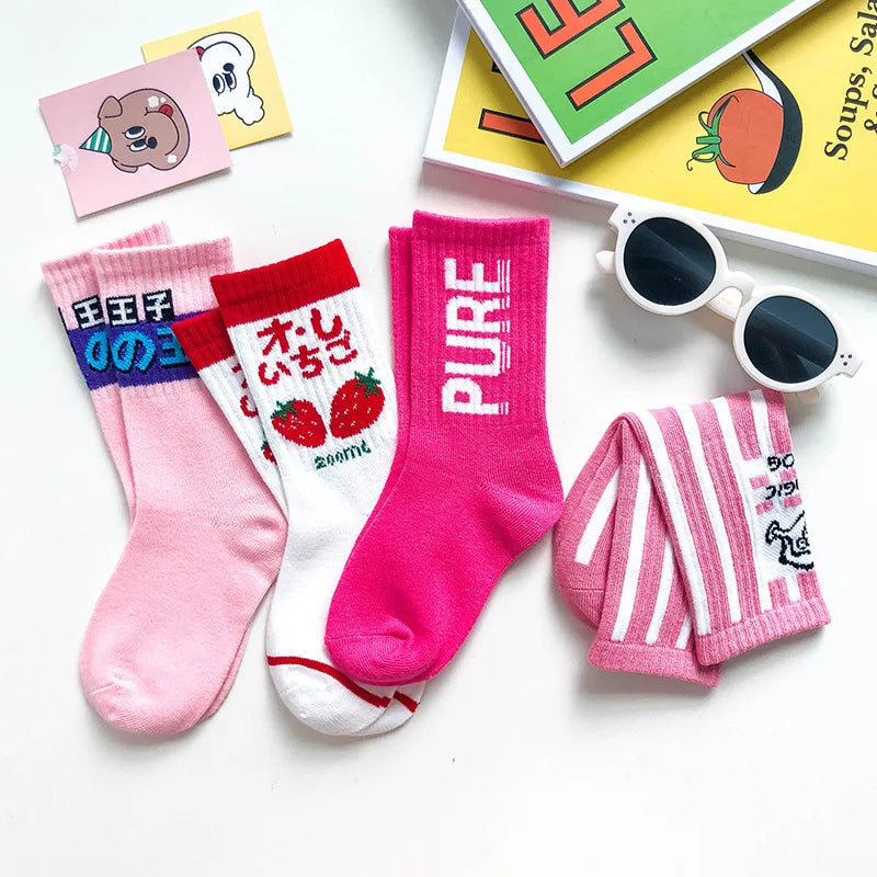 4 Pairs Red Strawberry Stripeed Socks for Girls Boys Unisex Kids Socks