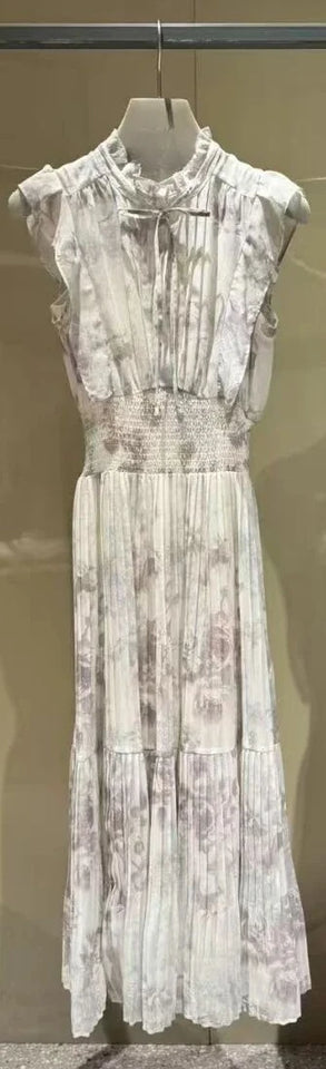 Kuzuwata Fresh Mid-length Print High Waist Robe New Gentle Literary Lace Up Pleated Slim Exquisite Mujer Japan New Elegant Dress