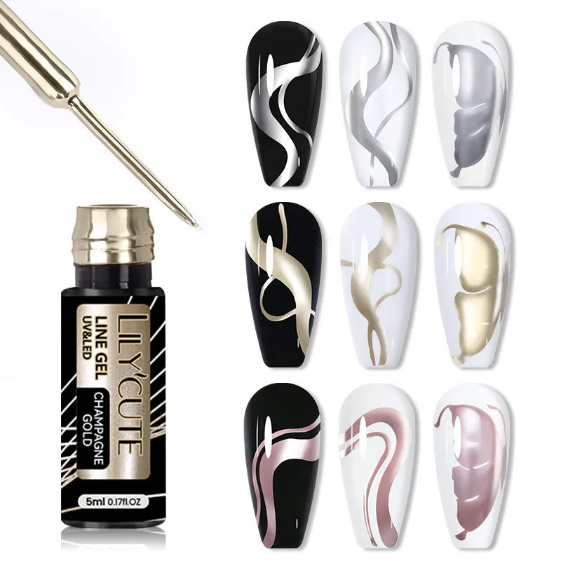 LILYCUTE 5ml Gold Metallic Liner Painting Gel Nail Polish Chrome Silver Super Bright Mirror Effect Manicure Nail Art DIY Varnish