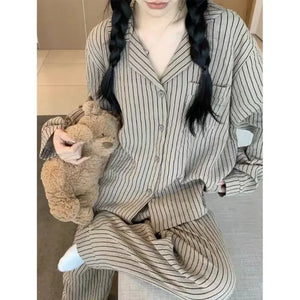 Couple Pajamas for Men Fleece Autumn Sleepwear Korean Sleeping Night Wear Striped Pijama 2 Pcs Pants Sets Pocket Home Suit 2024