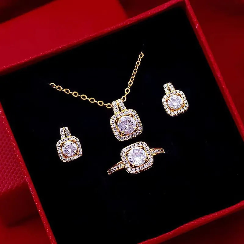 Fashion Square Zircon Necklace Earrings Ring For Women Luxury Wedding Engagement Jewelry Shining Party Jewelry Gifts