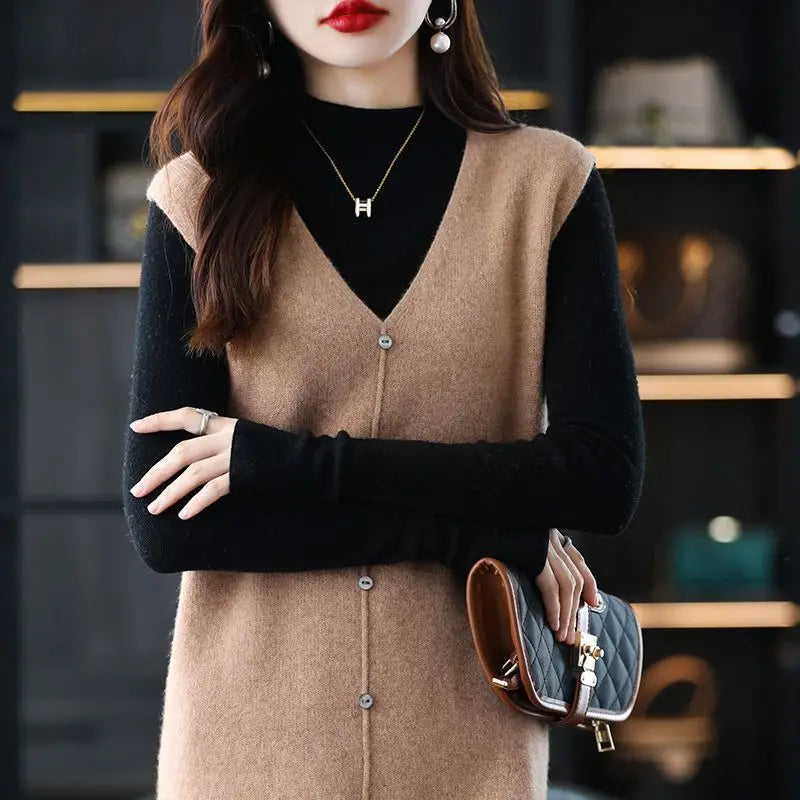 Long, Medium to Long Sleeveless Knitted Knee Length Vest Skirt Autumn Winter V-neck