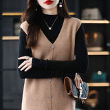 Long, Medium to Long Sleeveless Knitted Knee Length Vest Skirt Autumn Winter V-neck