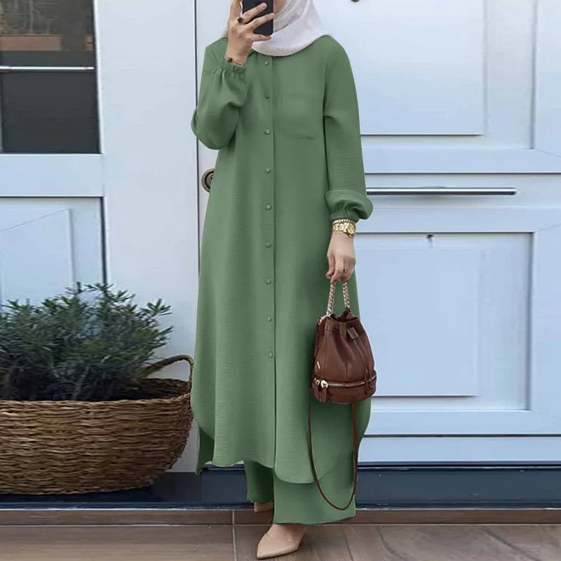 Vintage Muslim Suit Solid Color Lapel Neck Long Sleeve Blouse Pant Ramadan Islamic Clothing Fashion Casual Turkey Outifit