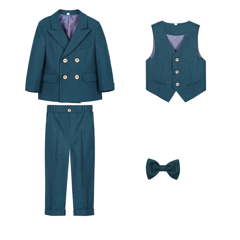 Children Formal Green 4pcs Suit Set Boys Birthday Wedding Party Performance Costume Kids Blazer Vest Pants Bowtie Outfit