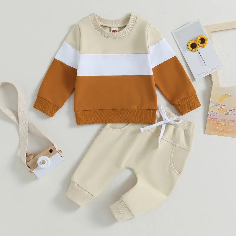 Newborn Baby Boy Pant Sets Autumn Clothes 2 Piece Outfits Contrast Color Long Sleeve Sweatshirt