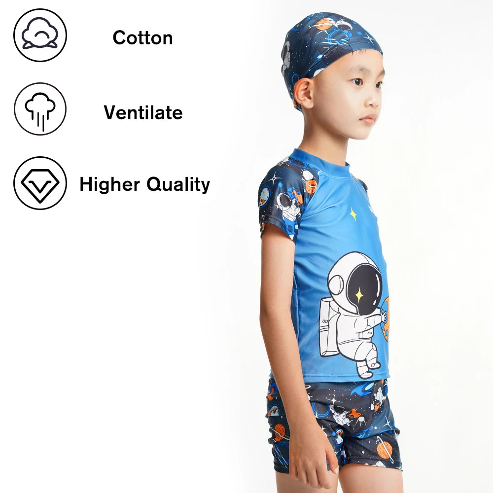 Boys Swimsuit 3-Piece Rashguard Sets Cute Cartoon Print Kids Beach Suit Short Sleeve Swimwear with Swim Hat Toddler BeachWear