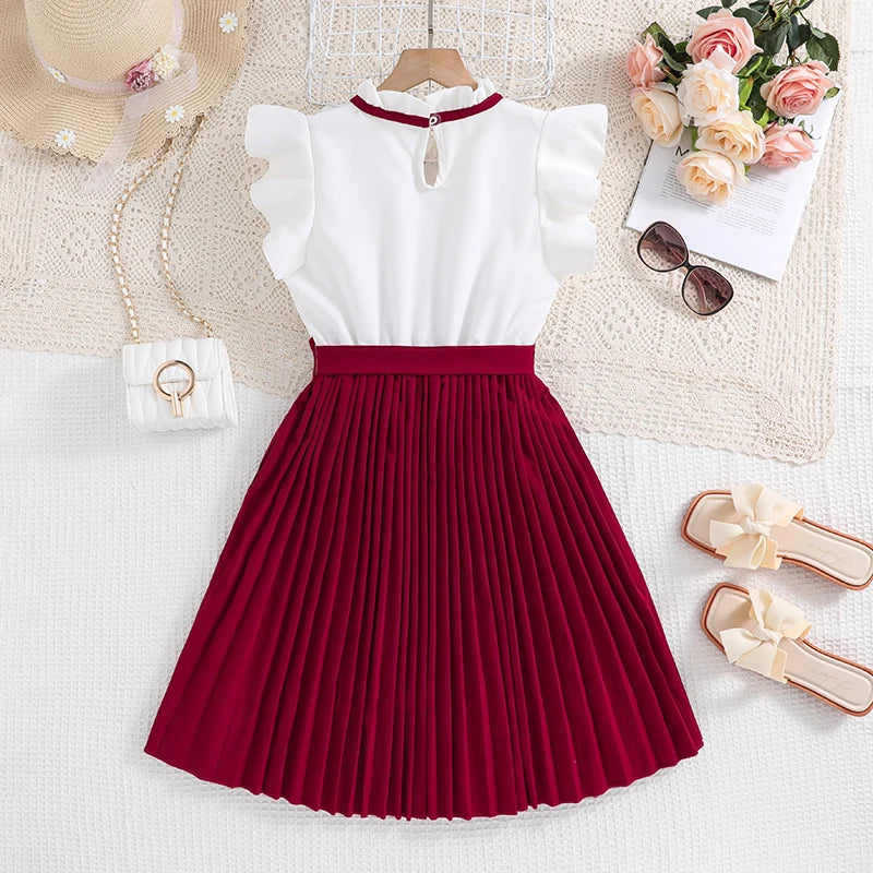 Kids Dress For Girls White Petal Sleeves Pleated Khaki Skirt &Bow tie Preppy Style Elegant Birthday Party Clothes For 8-12 Years