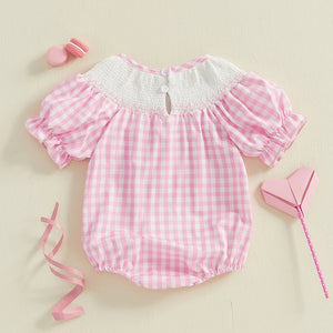 Infant Girl s Short Sleeve Romper with Embroidered Floral Detail and Ruffled Hemline Round Neck Summer Jumpsuit in Plaid