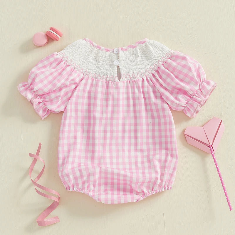 Infant Girl s Short Sleeve Romper with Embroidered Floral Detail and Ruffled Hemline Round Neck Summer Jumpsuit in Plaid
