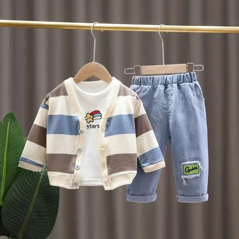Fashion Children Boy Clothing Outfits Set High Quality Striped Coat + T Shirt + Jeans Pants 3PCS Boys Kids Clothes 1 2 3 4 Years