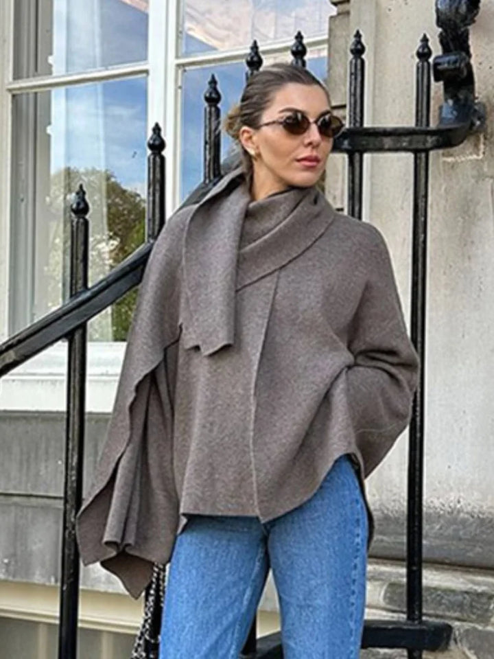 Elegant Asymmetric Scarf Women's Cape Knitted Jacket Fashion Solid Long Sleeved Short Woolen Coat Lady