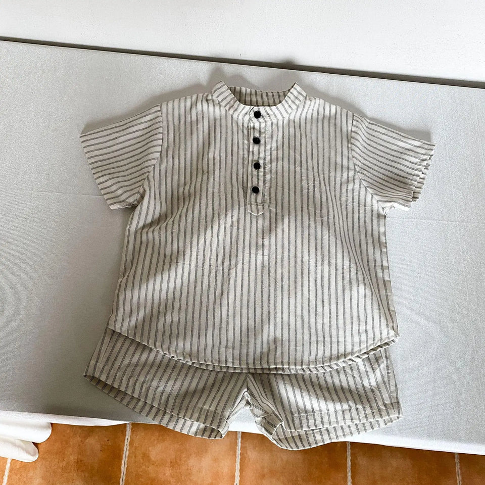 Summer Thin Brother Sister Outfits Boy Children Cotton Short Sleeve T-shirt+Shorts 2pcs Girl Baby Striped Fly Sleeves Dress