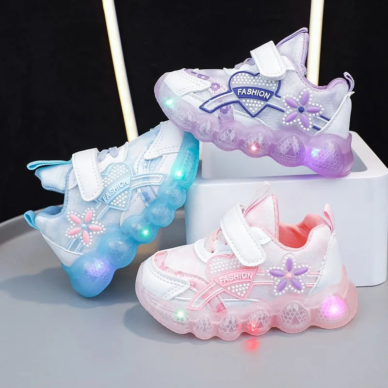 Disney Pink Elsa Princess Baby Girls Sneaker Cartoon Fashion Children's Shoes Autumn Kids Led Lighting Sports Sneakers