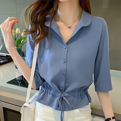 Summer Women All-match Solid Turn-down Collar Half Sleeve Chiffon Shirt