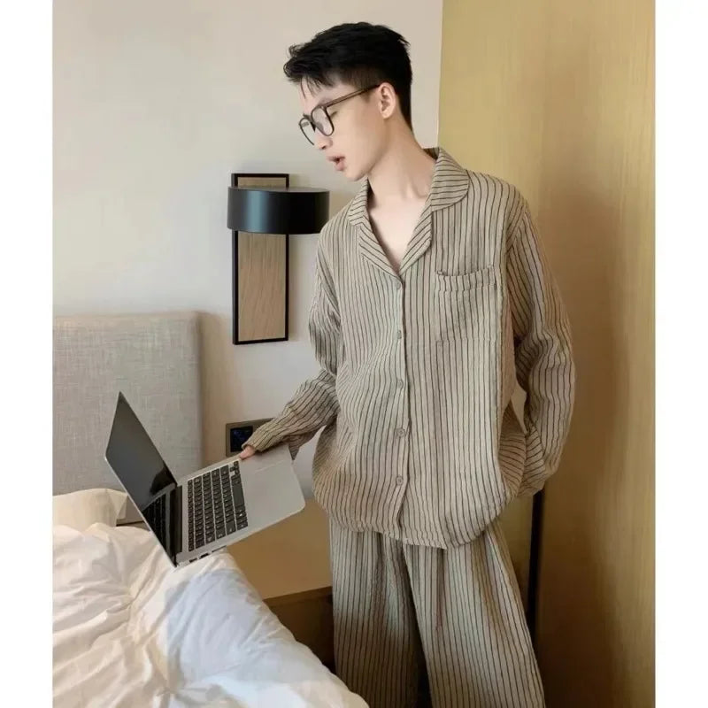 Couple Pajamas for Men Fleece Autumn Sleepwear Korean Sleeping Night Wear Striped Pijama 2 Pcs Pants Sets Pocket Home Suit 2024