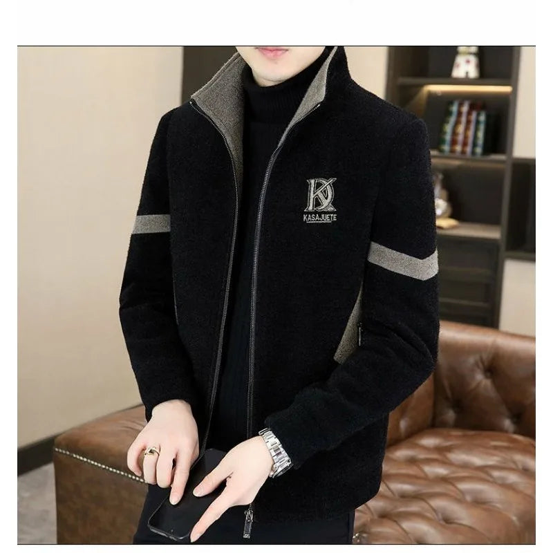Men's Clothing Winter high quality Mink Jacket Handsome Collar Woolen Coat fleece-lined Thickened Jacket