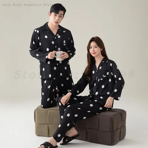 Spring Summer Couple Pajamas Set Women's Long Sleeved Home Clothes Men's Satin Black Sleepwear Loose Casual Nightwear Loungewear