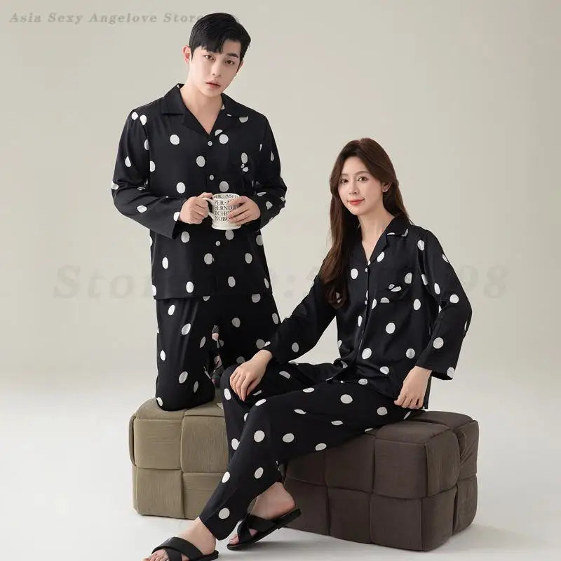 Spring Summer Couple Pajamas Set Women's Long Sleeved Home Clothes Men's Satin Black Sleepwear Loose Casual Nightwear Loungewear