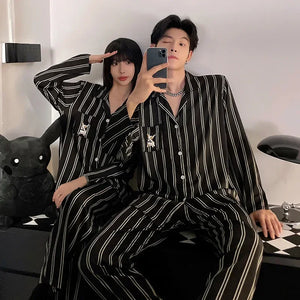 Fashion Design Pajamas Suit Women Men Ice Silk Long Sleeves Home Colth Couples Satin Thin Sleepwear Set Cool Summer Male Female