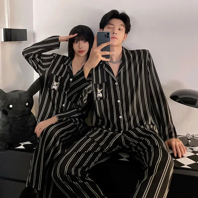 Fashion Design Pajamas Suit Women Men Ice Silk Long Sleeves Home Colth Couples Satin Thin Sleepwear Set Cool Summer Male Female