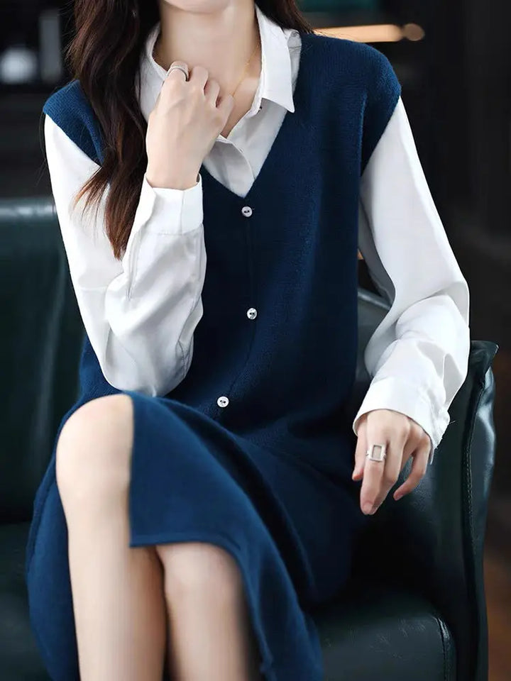 Long, Medium to Long Sleeveless Knitted Knee Length Vest Skirt Autumn Winter V-neck