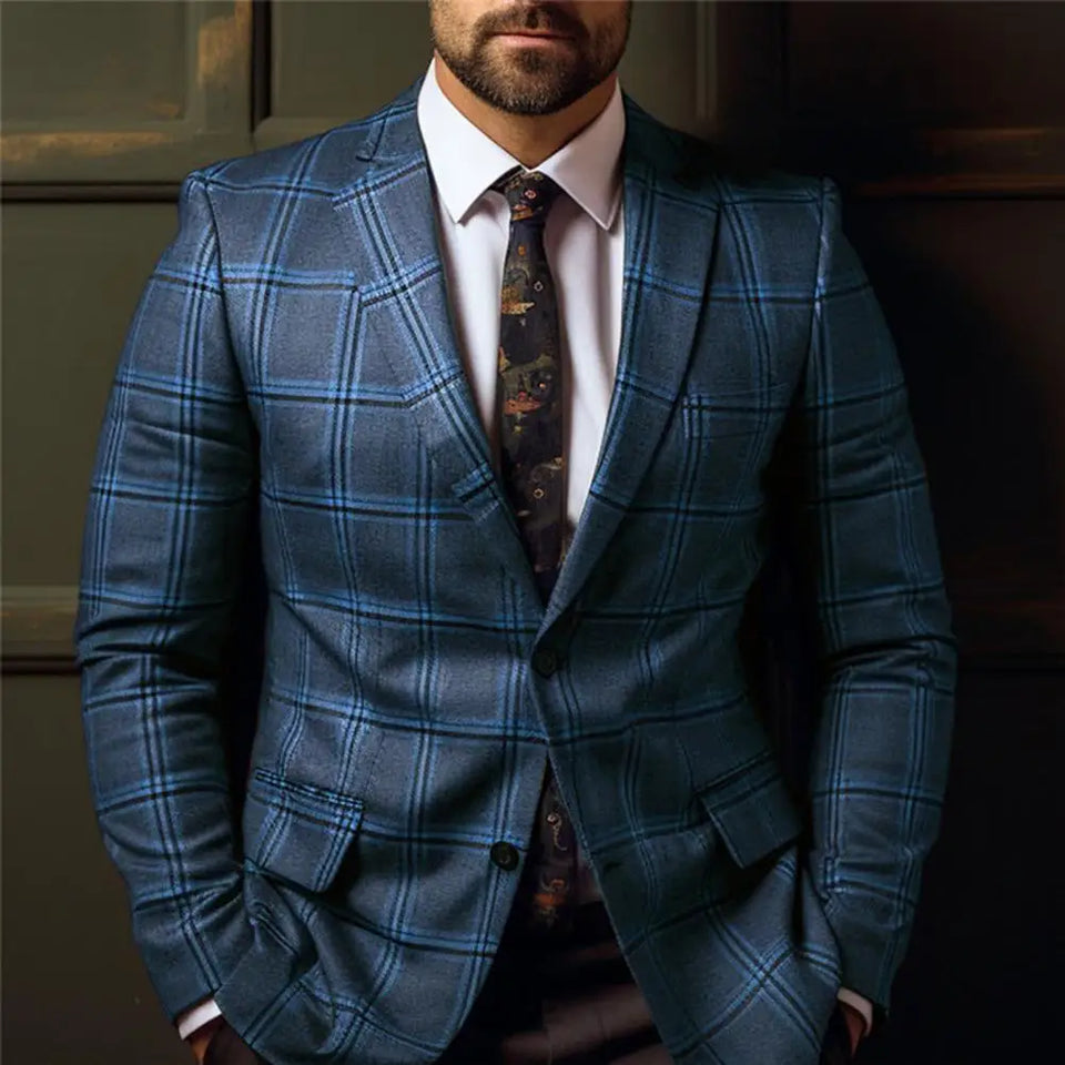 Men Suit Jacket Formal Plaid Print Long Sleeve Single Button Closure Business Coat