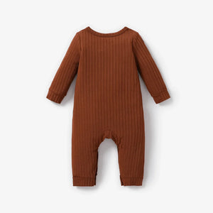 Baby Boy/Girl Solid Ribbed Long-sleeve Jumpsuit with Pocket Soft and Comfortable
