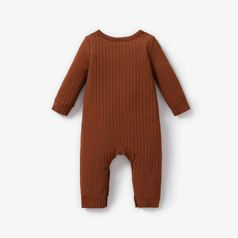 Baby Boy/Girl Solid Ribbed Long-sleeve Jumpsuit with Pocket Soft and Comfortable